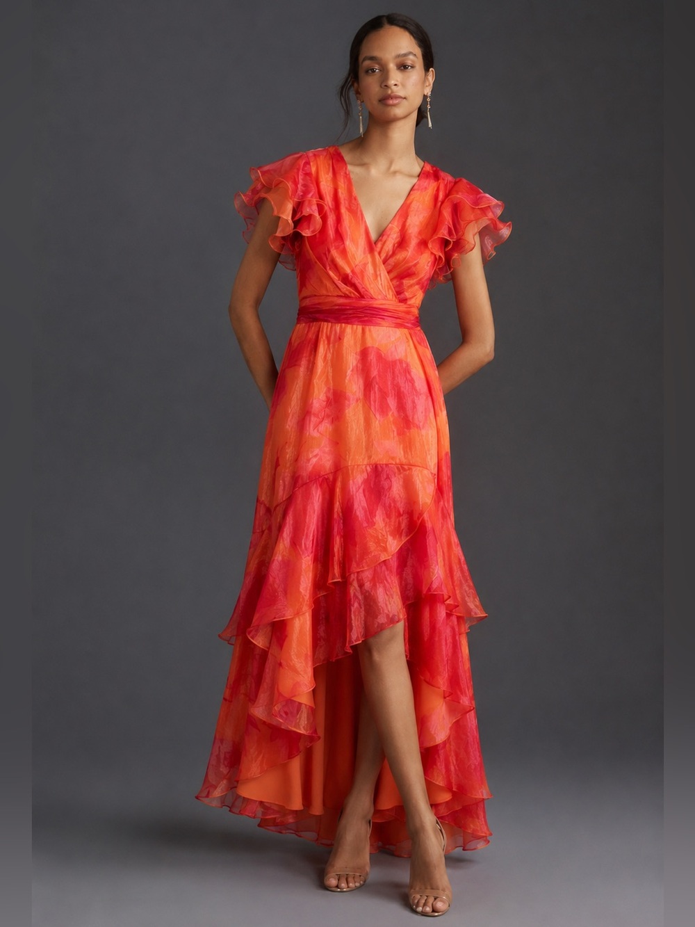 NWT Xscape Organza Floral Coral  V-Neck Short Sleeve Ruffle A-Line Midi Dress 4